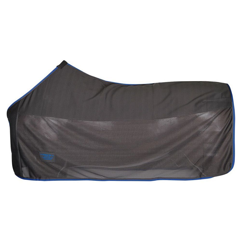 Pferdedecke, schwarz mit blauen Rändern. Netzstoff. Eckige Form.