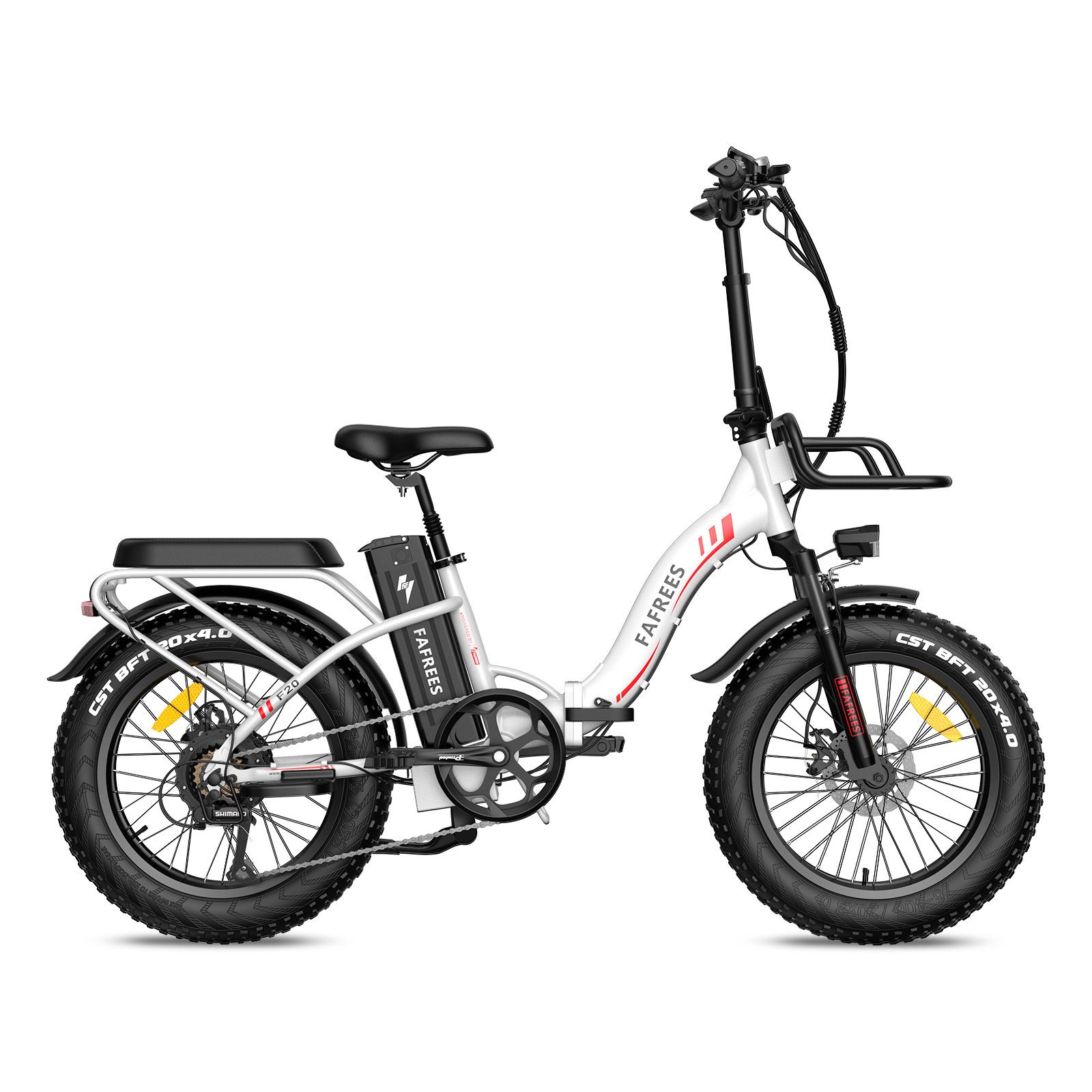 Weißes Fafrees F20 Max Elektrofahrrad. Schwarze Reifen, Gepäckträger, Frontkorb. Batterie und Marke sichtbar.