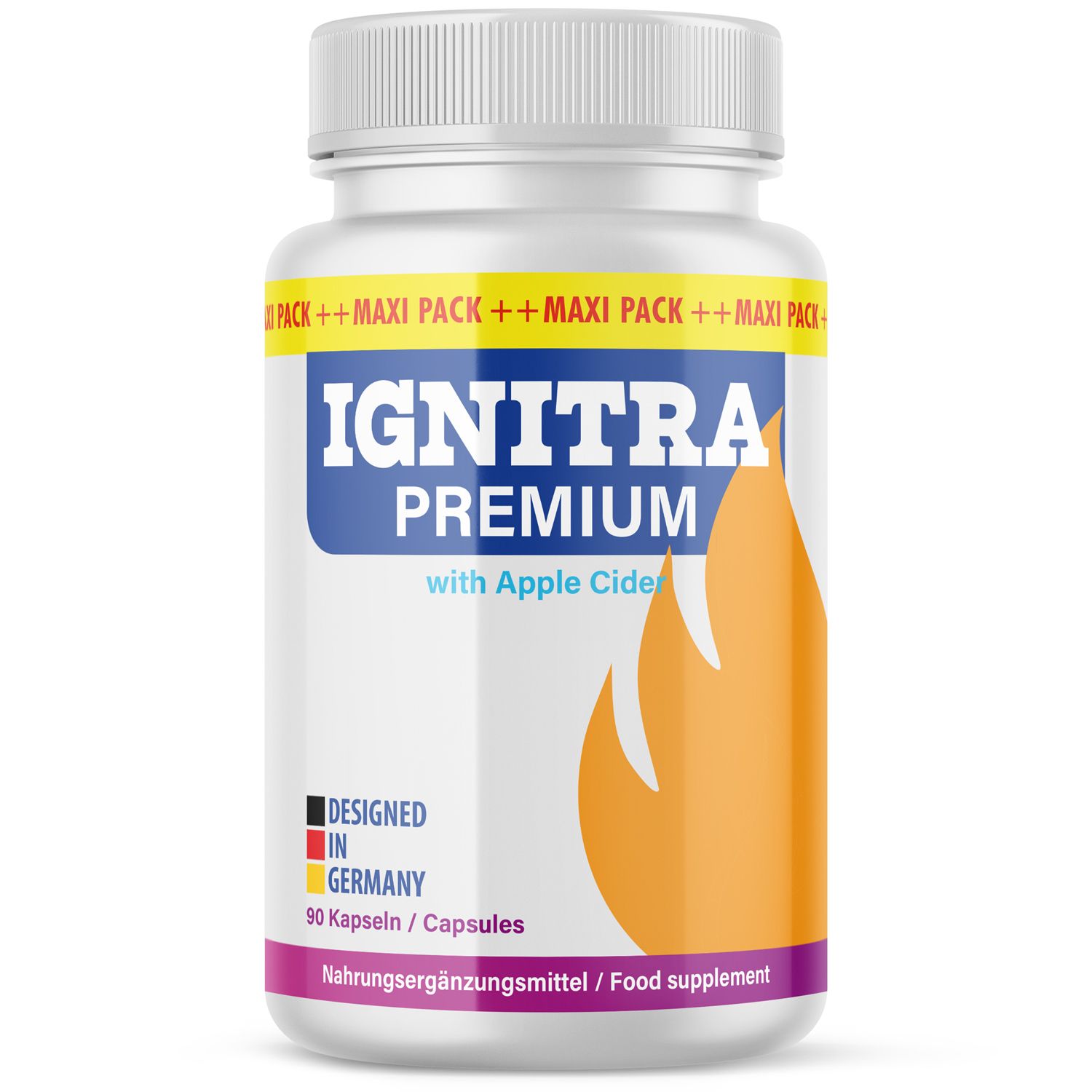 Weiße Flasche mit blauer Aufschrift IGNITRA PREMIUM und orangefarbenem Flammen-Design. Enthält 90 Kapseln. Hergestellt in Deutschland.