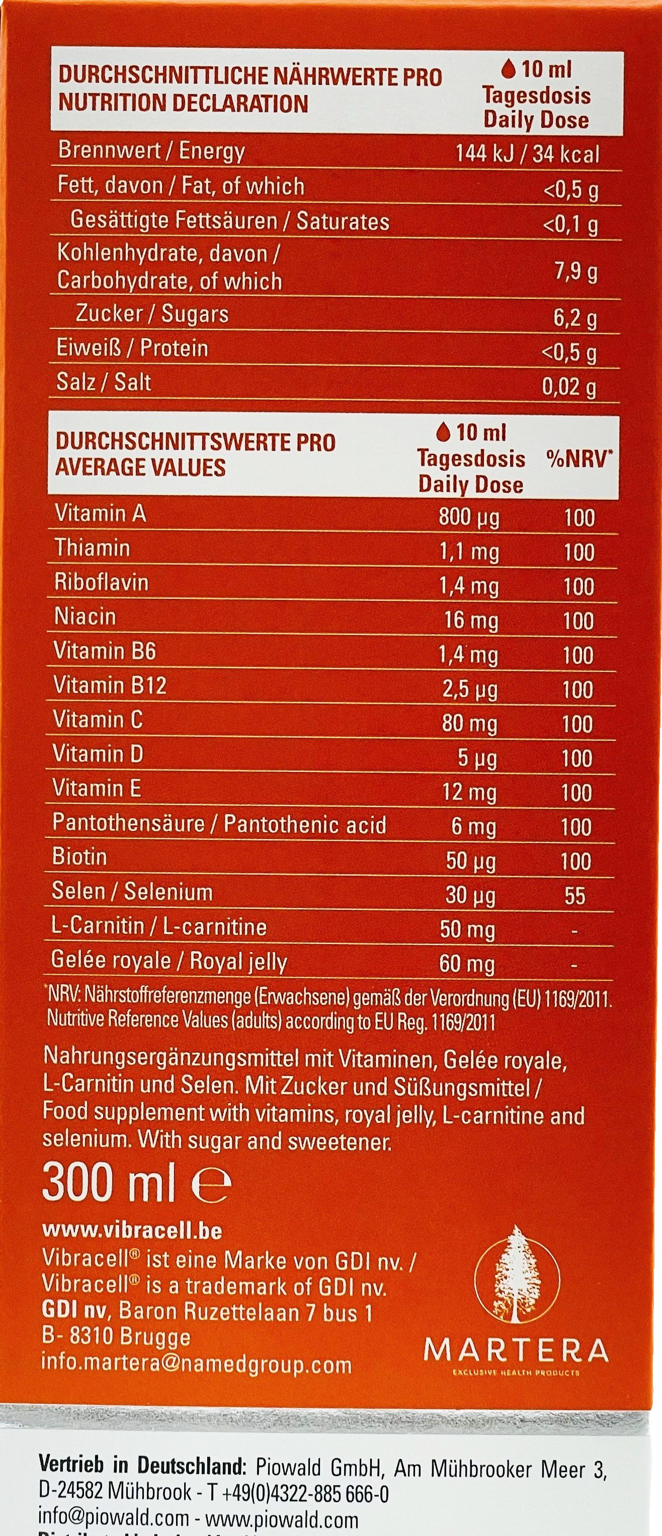 Nährwertdeklaration von Vibracell® pro 10 ml Tagesdosis. Enthält Informationen zu Vitaminen und Mineralstoffen.