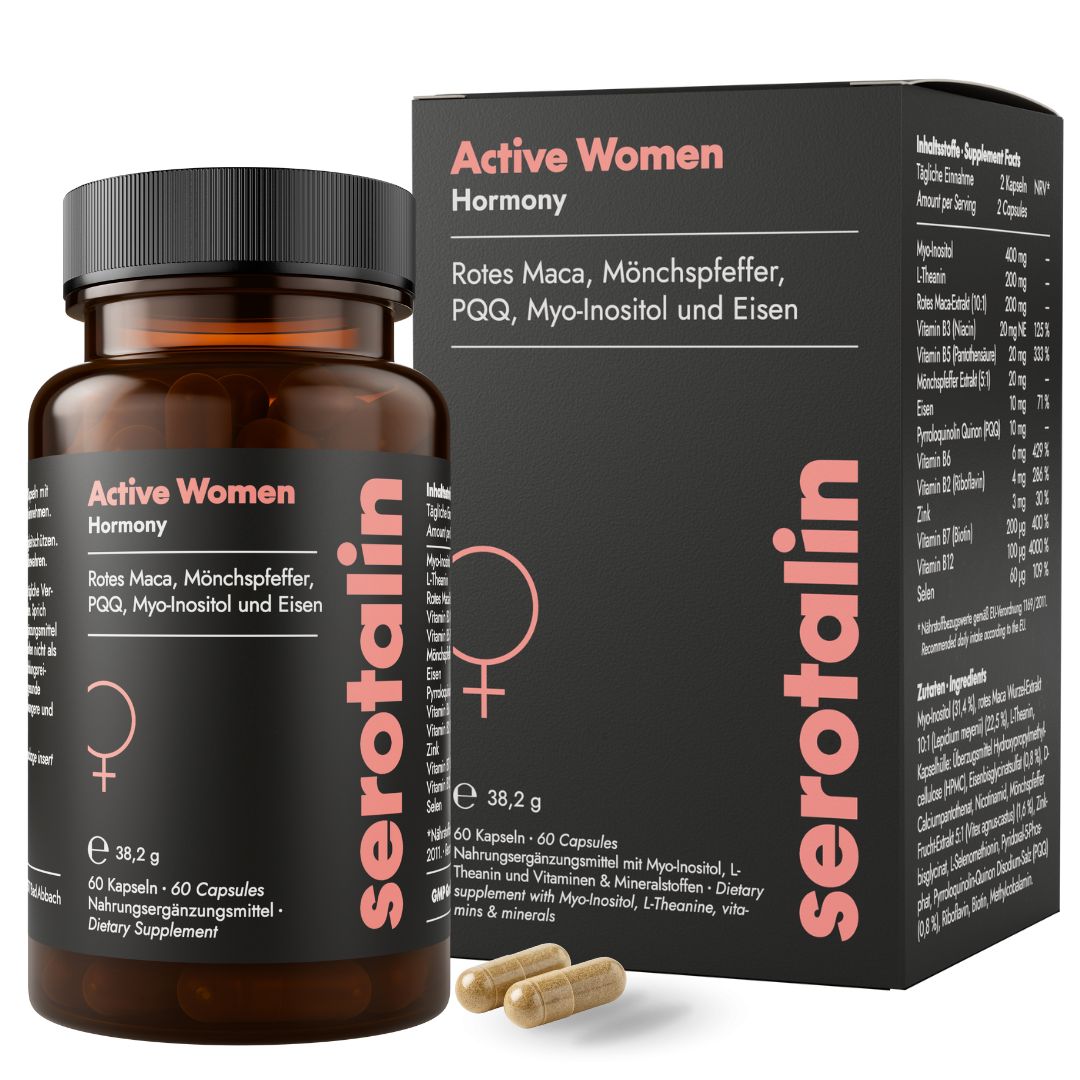 Serotalin Active Women Hormony Dose und Verpackung, 60 Kapseln, mit Inhaltsstoffliste.