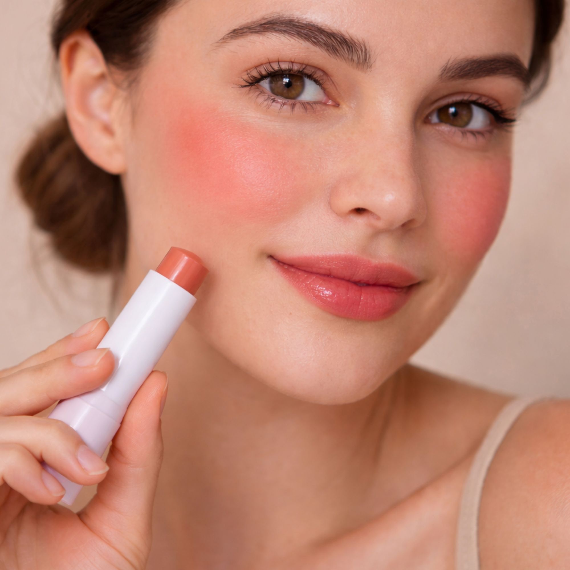 Frau mit Lippen- und Wangenbalsam. Weißer Stift, der auf die Wange aufgetragen wird. Gesicht mit Rouge.