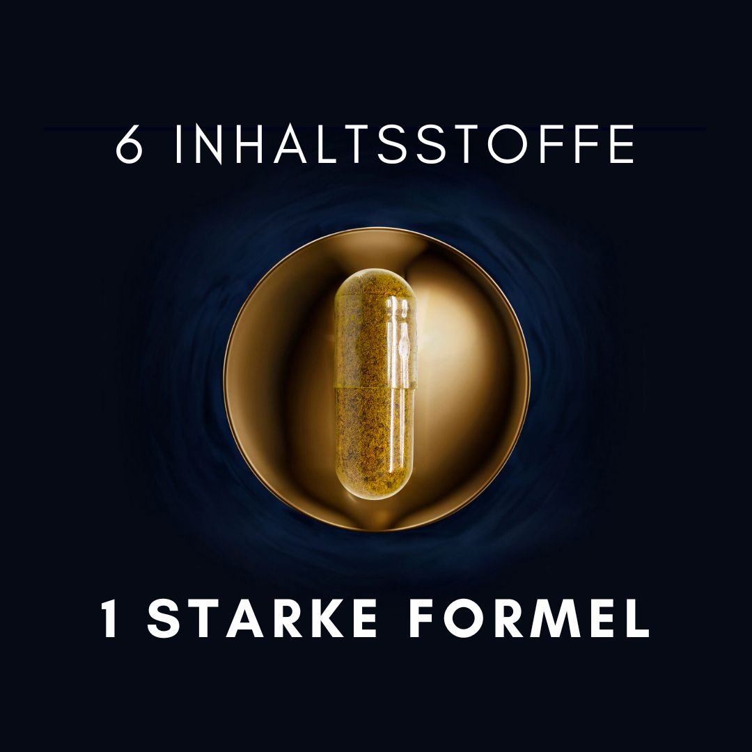 Text: 6 INHALTSSTOFFE, 1 STARKE FORMEL. Eine Kapsel in einem goldenen Behälter.