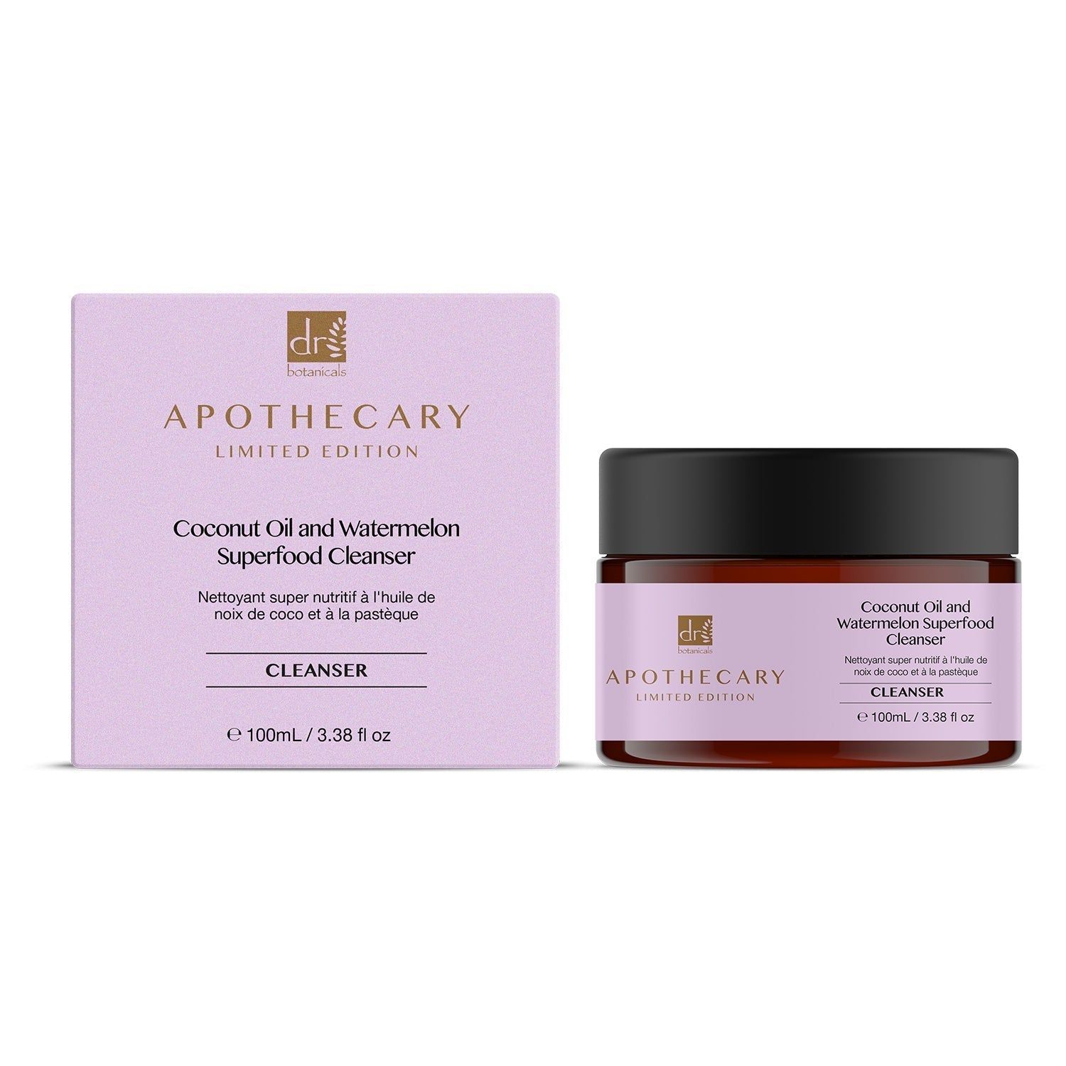 Produktverpackung und Dose. Aufschrift: Coconut Oil and Watermelon Superfood Cleanser. Apothecary Limited Edition. Mit Logo.