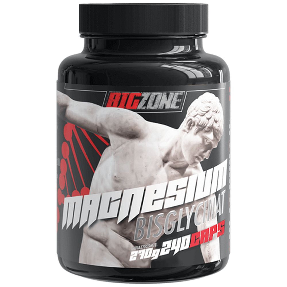 Schwarze Dose mit "BIG ZONE"-Logo und "Magnesium Bisglycinat Kapseln". Enthält 240 Kapseln. Darstellung einer Statue.