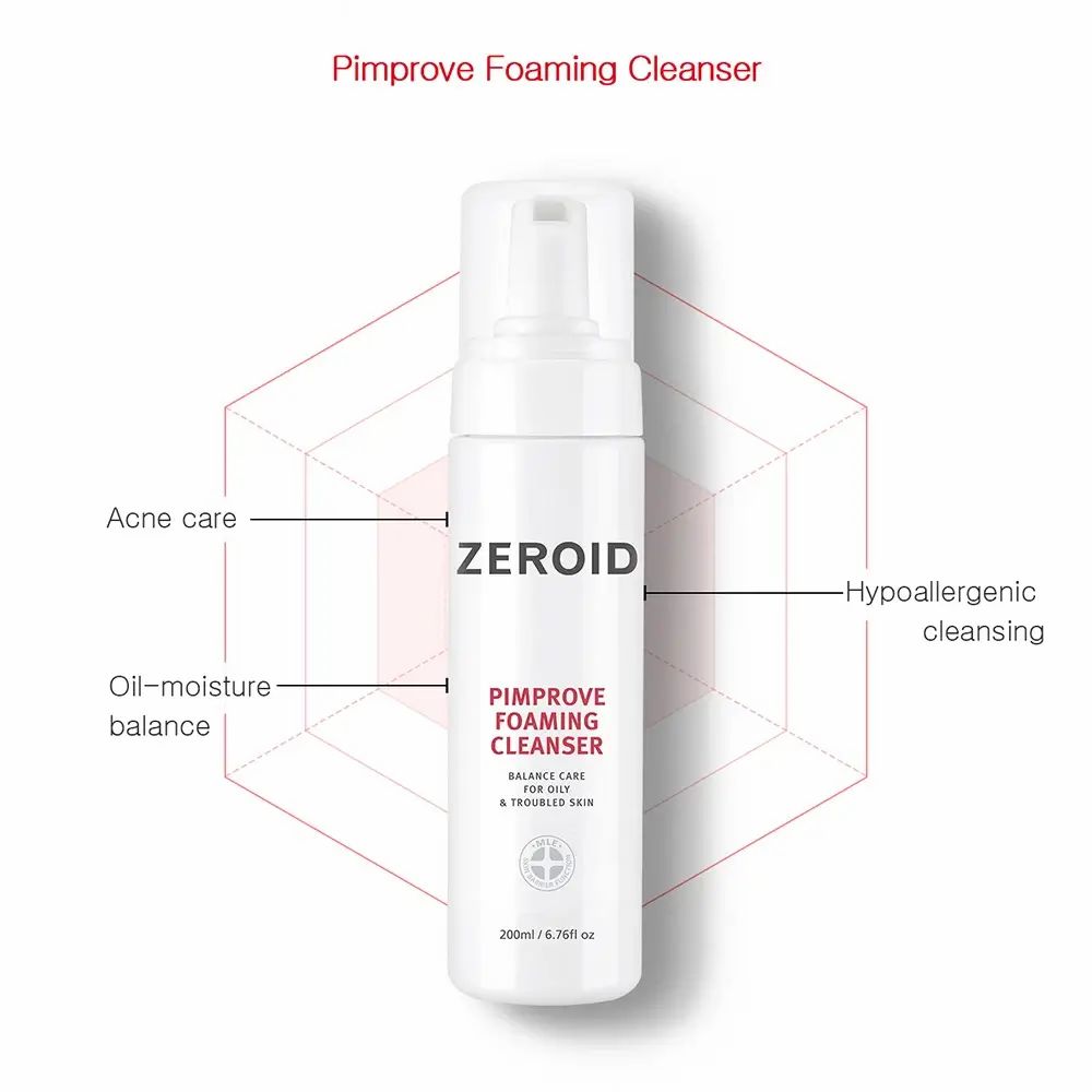 ZEROID Pimprove Foaming Cleanser mit Diagramm. Text: Pimprove Foaming Cleanser, Balance Care for Oily & Troubled Skin. 200ml/6.76fl oz.