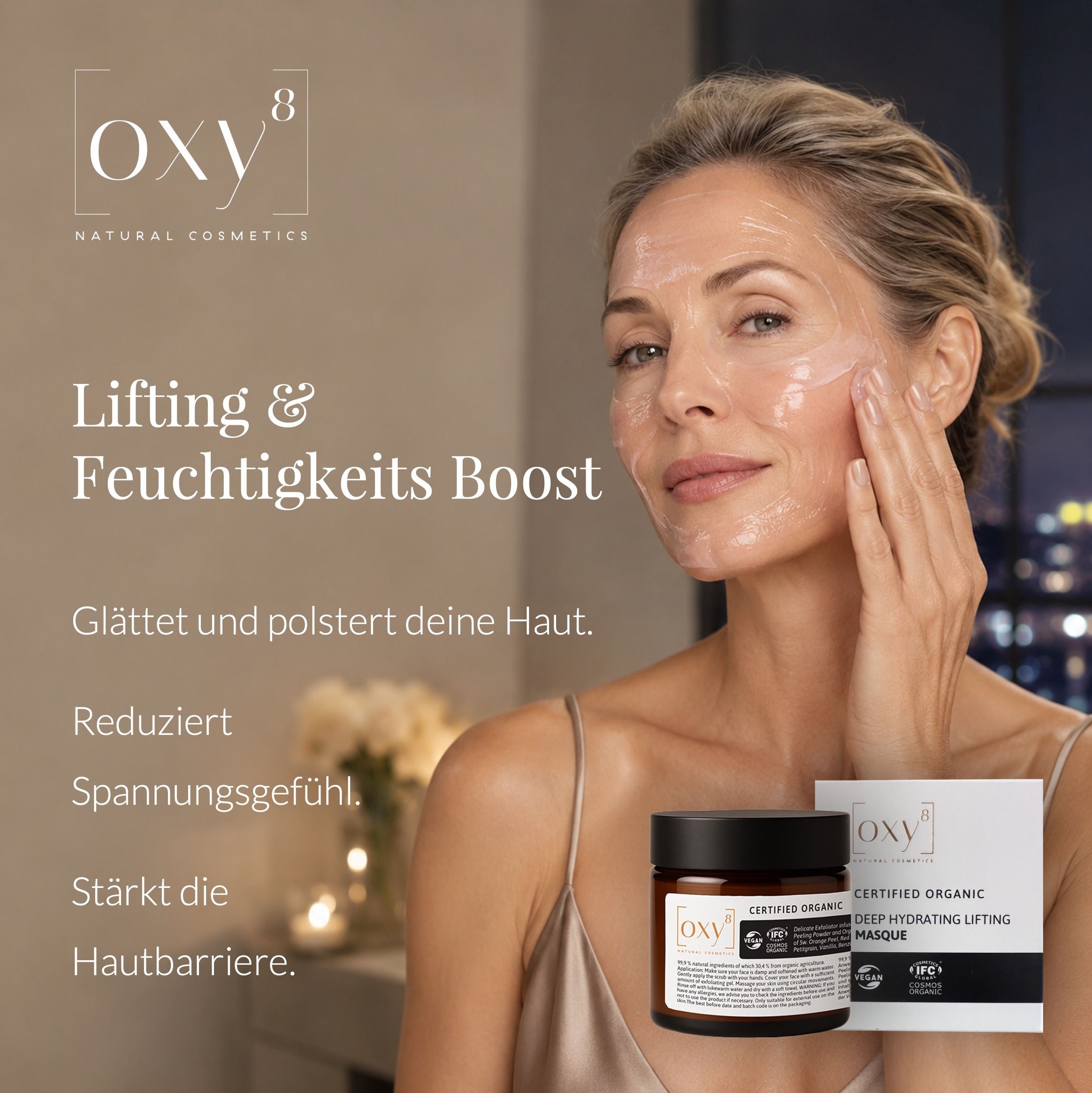 OXY8 Naturkosmetik DEEP HYDRATING LIFTING MASKE – Feuchtigkeitsmaske für trockene Haut & Lifting