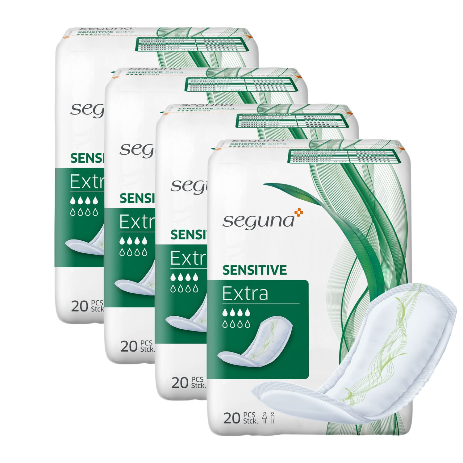 Mehrere Packungen SEGUNA Sensitive Extra und ein einzelnes Produkt.  Jede Packung enthält 20 Stück.  Aufdruck: Sensitive Extra, Tropfensymbol.
