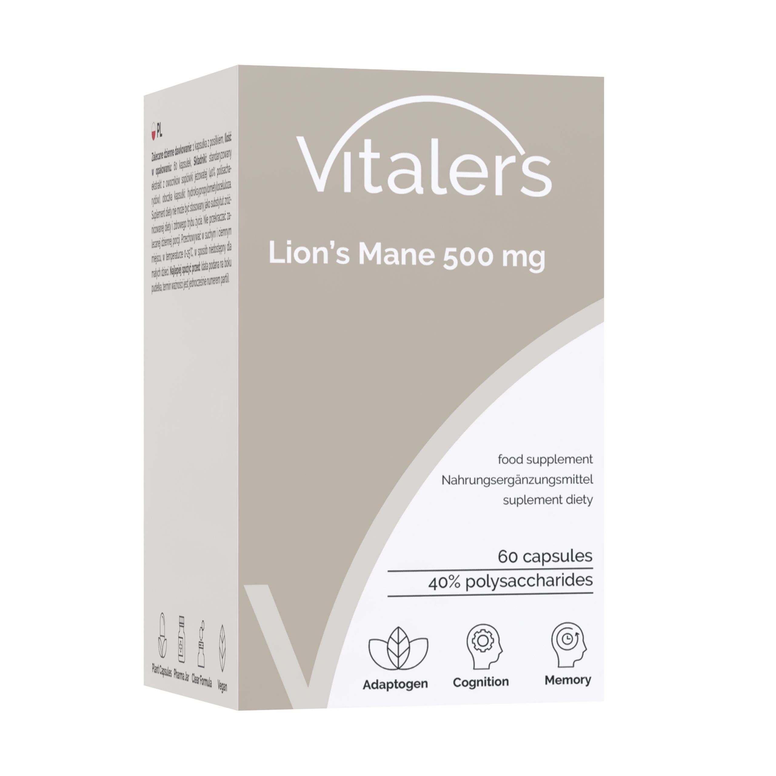 Vitaler's Löwenmähne Kapseln: Verpackung mit Produktinformationen. 60 Stück, 500 mg.