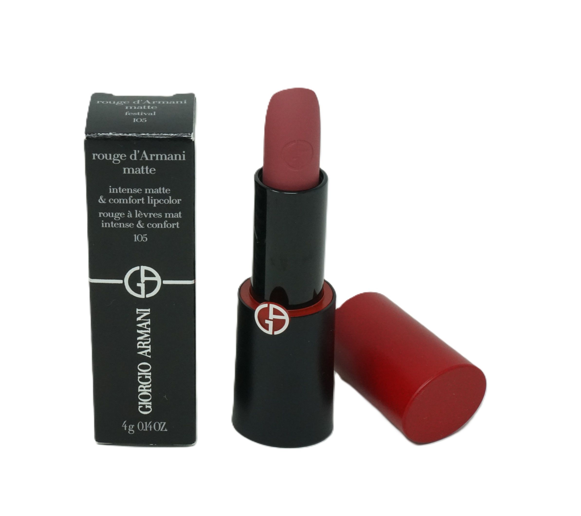 Lippenstift mit schwarzem Gehäuse und roter Kappe. Daneben die Verpackung mit Logo und Produktinformationen.