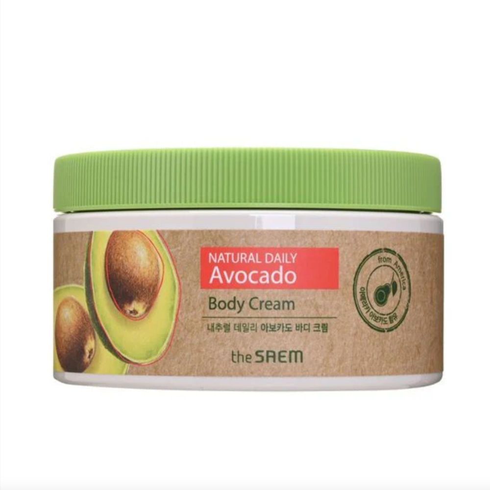 Cremebehälter mit grünem Deckel. Aufschrift: Natural Daily Avocado Body Cream. Abbildung einer Avocado. Marke: the Saem.