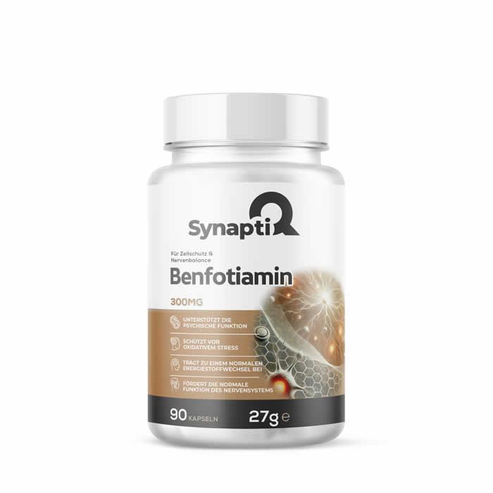 Weiße Flasche mit Kapseln. Aufschrift: SynaptiQ Benfotiamin 300mg. 90 Kapseln, 27g.