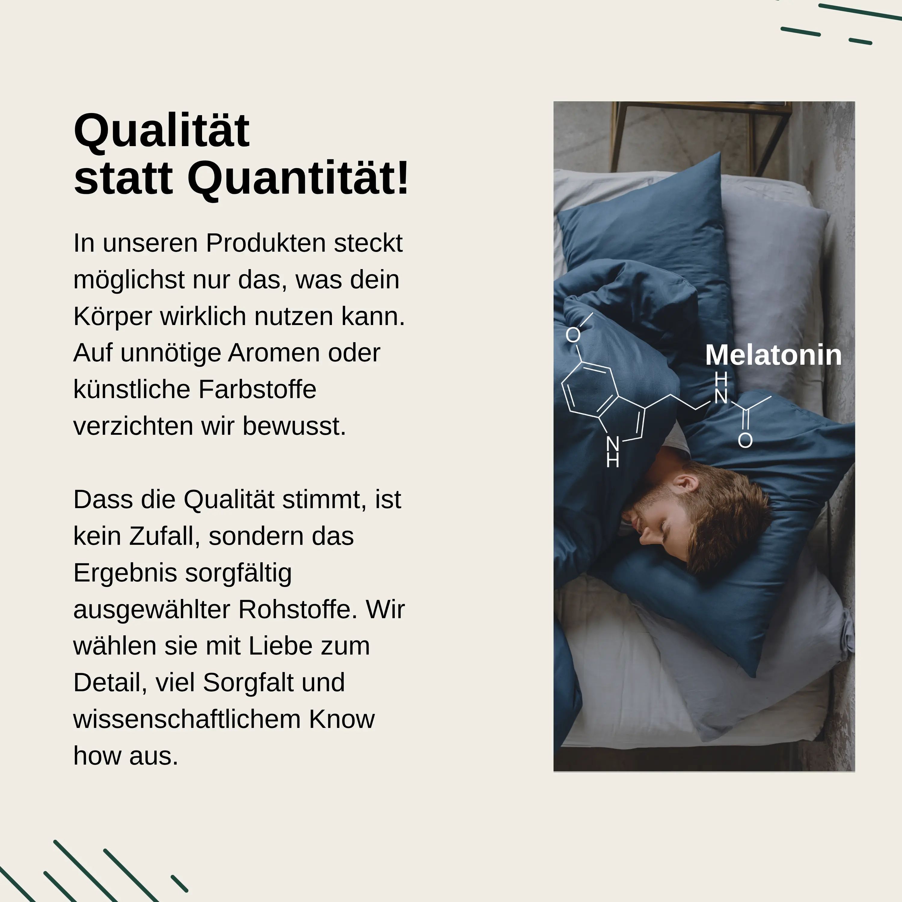 Schlafender Mann im Bett. Text: "Qualität statt Quantität!". Chemische Formel von Melatonin.