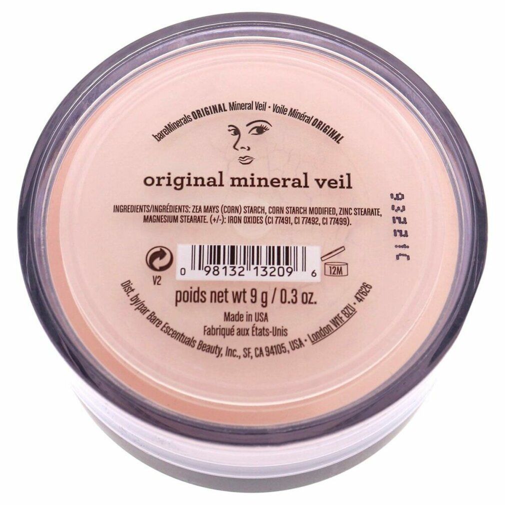 Dose mit losem Puder. Aufschrift: original mineral veil. Inhaltsstoffe und Gewicht 9 g / 0.3 oz.