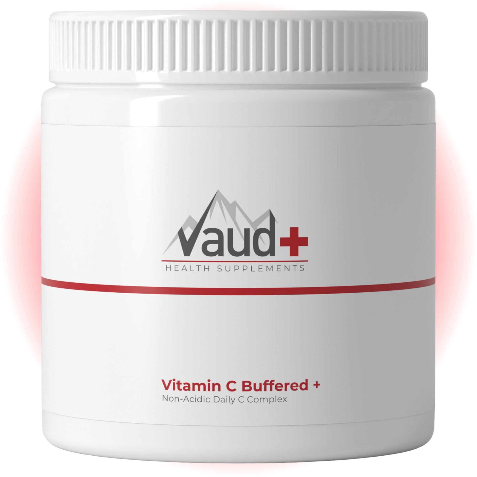 Weiße Dose mit rotem Streifen und Logo. Schriftzug: Vaud+ Health Supplements, Vitamin C Buffered +.