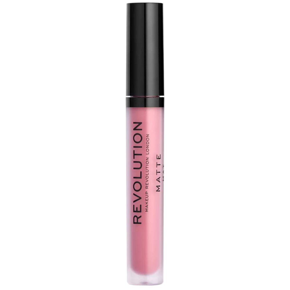 Lipgloss-Tube mit rosa Inhalt. Schwarzer Deckel. Schriftzug: REVOLUTION LONDON MATTE.