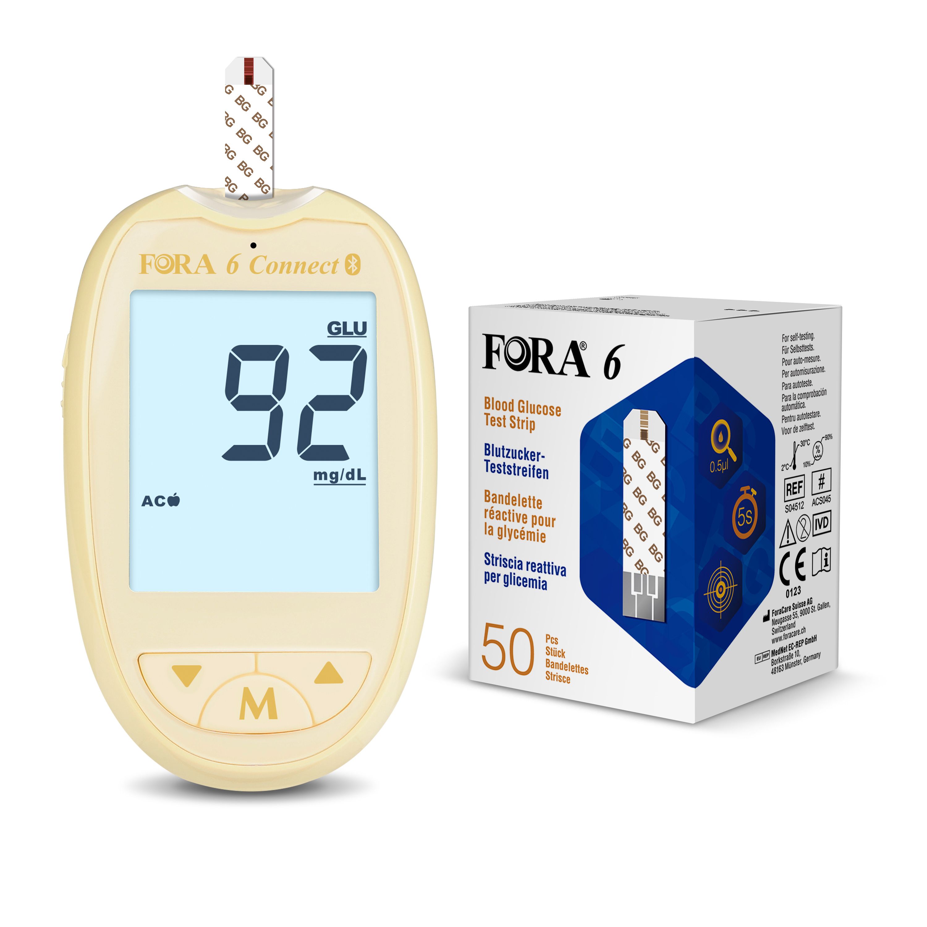 Blutzuckermessgerät und Teststreifen-Packung. Digitalanzeige mit Messwert. Packung mit 50 Teststreifen.