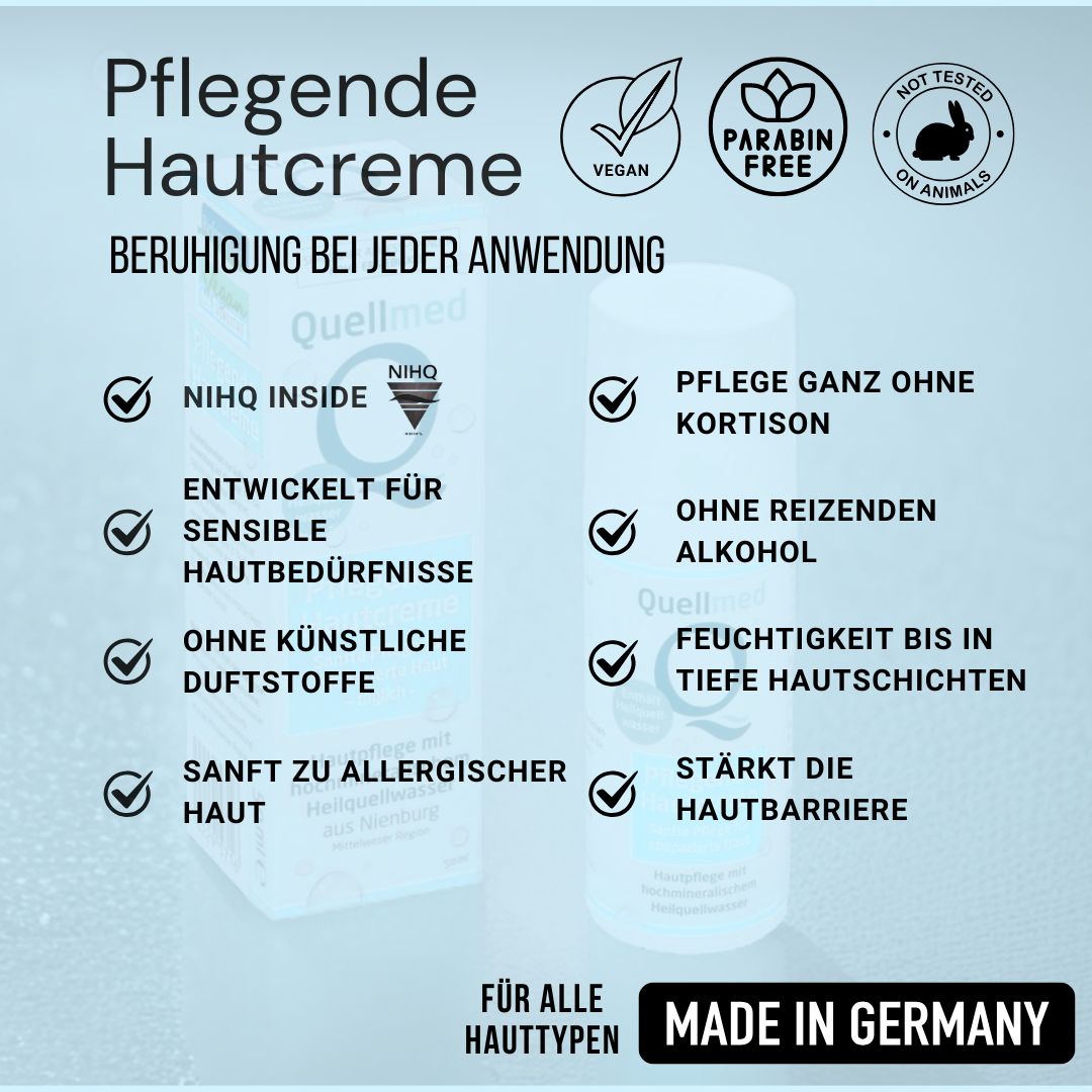 Produktabbildung und Text in deutscher Sprache. Logos: Vegan, Paraben Free, Nicht an Tieren getestet, Made in Germany.