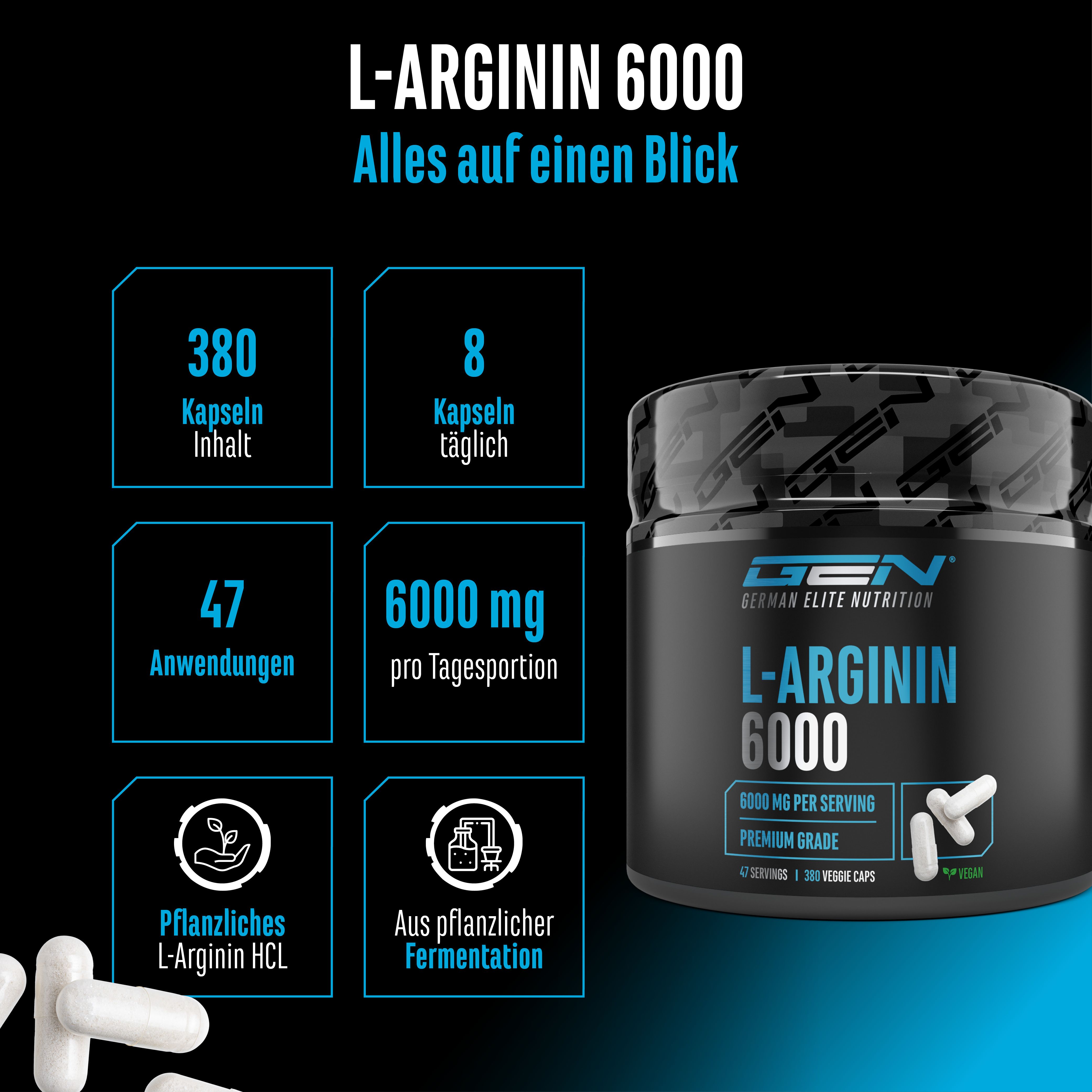 GEN L-Arginin 6000. Schwarze Dose, blaue Akzente. 380 Kapseln, 8 täglich, 47 Anwendungen, 6000 mg pro Tagesportion. Pflanzlich.