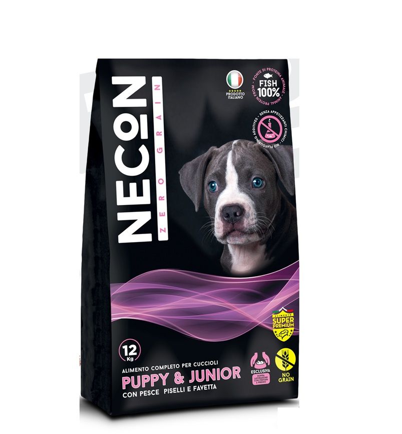 Schwarze Tüte mit Welpenfutter. Aufdruck: NECON, ZERO GRAIN, Puppy & Junior, Fisch. Abbildung eines Welpen.