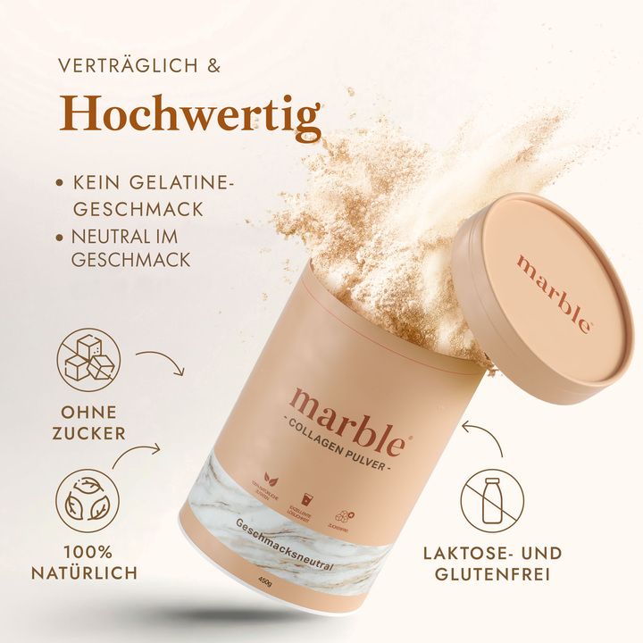 Geöffnete Dose marble Collagen Pulver. Text: Ohne Zucker, 100% natürlich, laktose- und glutenfrei.