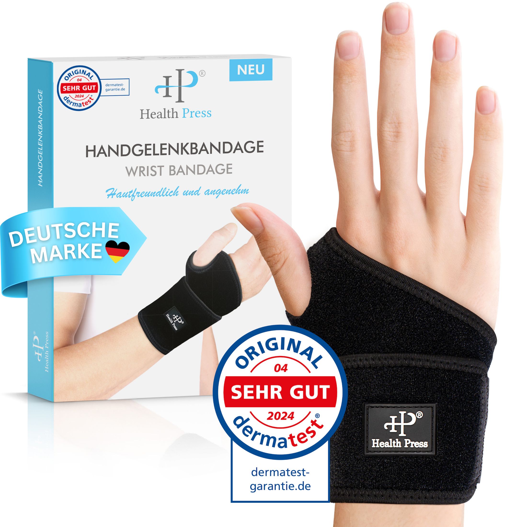 Hand mit schwarzer Handgelenkbandage und Verpackung. Text: Handgelenkbandage, dermatologisch getestet. Logo: Sehr Gut Dermatest.