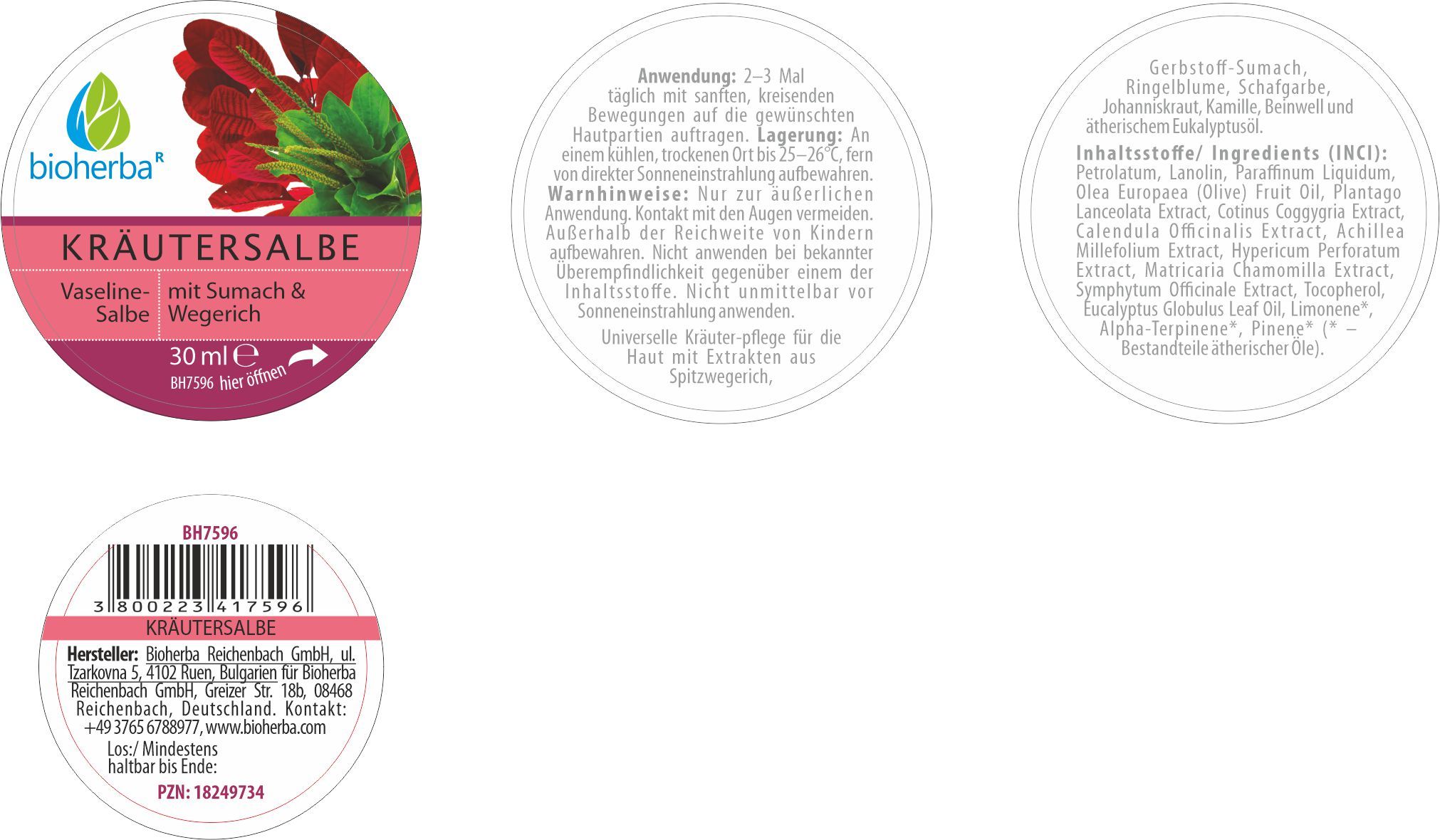 Runde Produktetiketten mit Text. Oben links: Logo Bioherba. Mitte: Kräutersalbe, Vaseline mit Sumach & Wegerich. Unten: 30 ml.