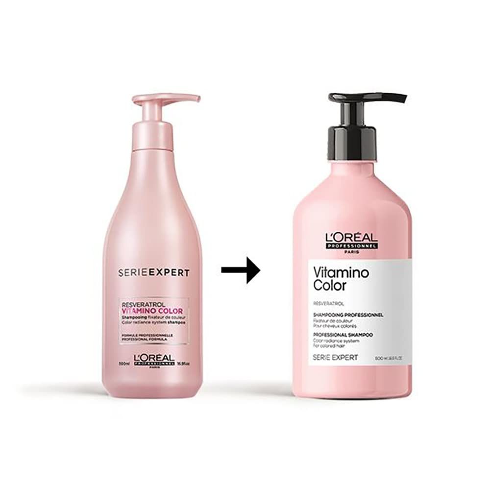 Zwei rosa Shampoo-Flaschen nebeneinander. Links: Serie Expert. Rechts: L'Oréal Vitamino Color, mit schwarzem Pumpkopf.