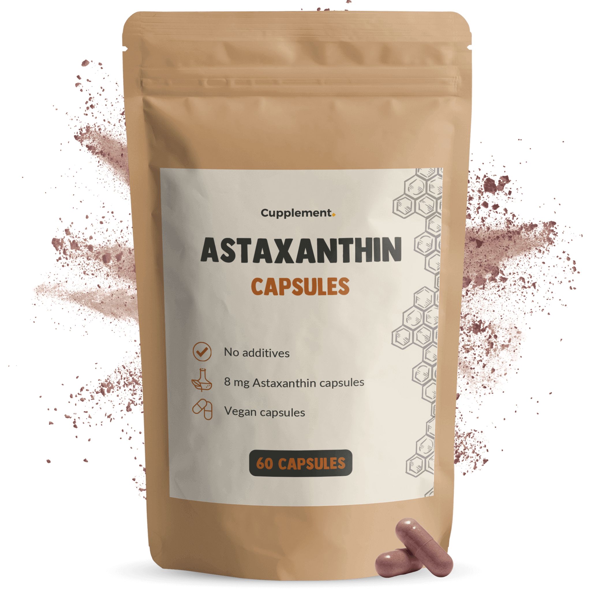 Braune Tüte mit Astaxanthin-Kapseln. Text: „Astaxanthin Kapseln“. 60 Kapseln. Braune Kapseln liegen daneben.