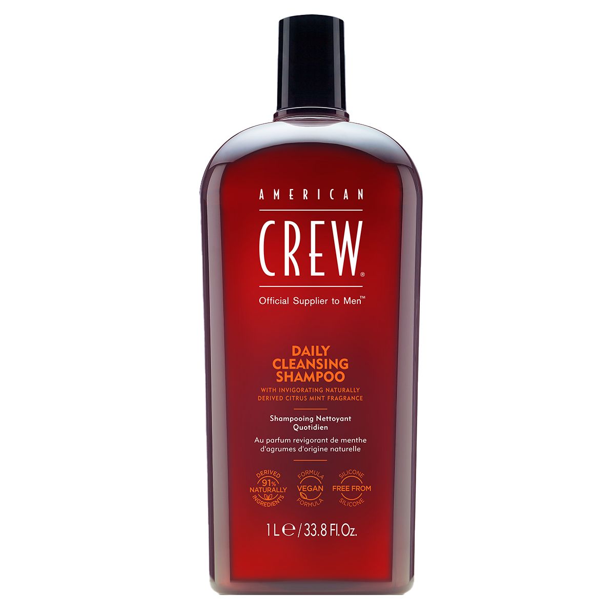 American Crew Daily Cleansing Shampoo, 1L Flasche. Rote Verpackung mit schwarzem Verschluss.