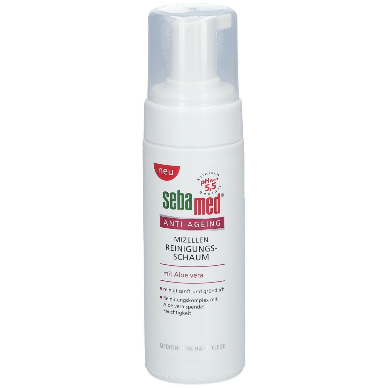 Weiße Flasche mit Sprühkopf. Aufschrift: sebamed ANTI-AGEING MIZELLEN REINIGUNGSSCHAUM. Mit Aloe vera.