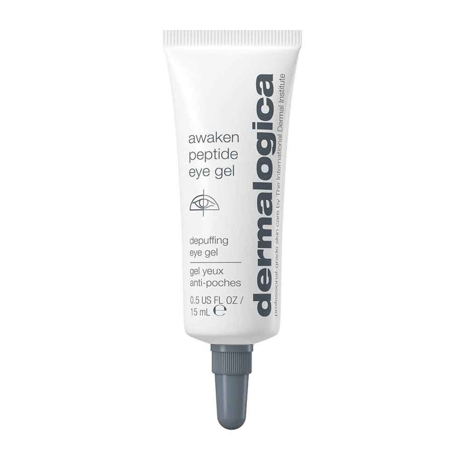 Weiße Tube mit grauem Verschluss. Aufschrift: awaken peptide eye gel, depuffing eye gel, Dermalogica. 15 ml.