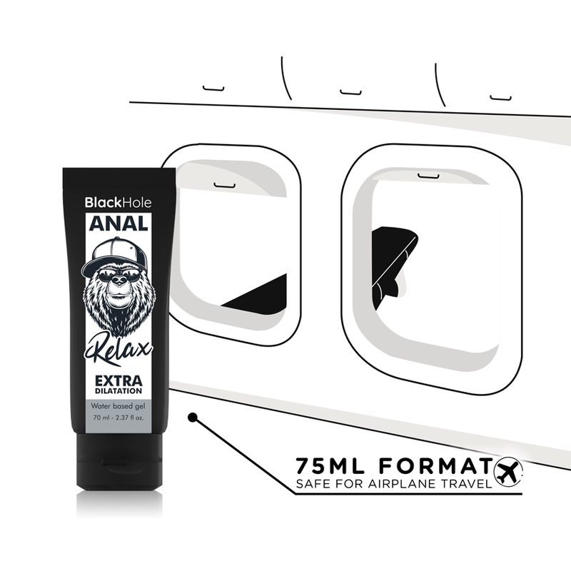 Schwarze Tube neben Flugzeugfenstern. Aufdruck: Black Hole ANAL, Relax, Extra Dilatation. Text: 75ML FORMAT, Safe for airplane travel.
