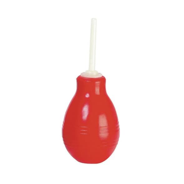 Roter Anal-Douche-Ballon mit weißer Spitze. Birnenförmig, mit geriffelter Oberfläche.