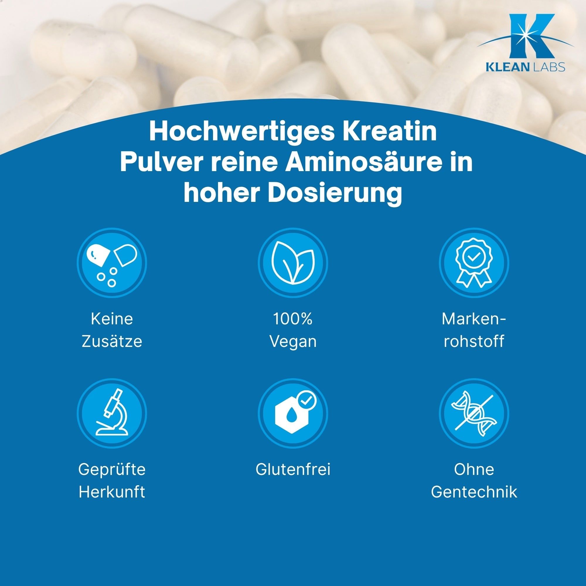 Infografik "Hochwertiges Kreatin" mit Icons für "100% Vegan", "Glutenfrei", "Keine Zusätze".