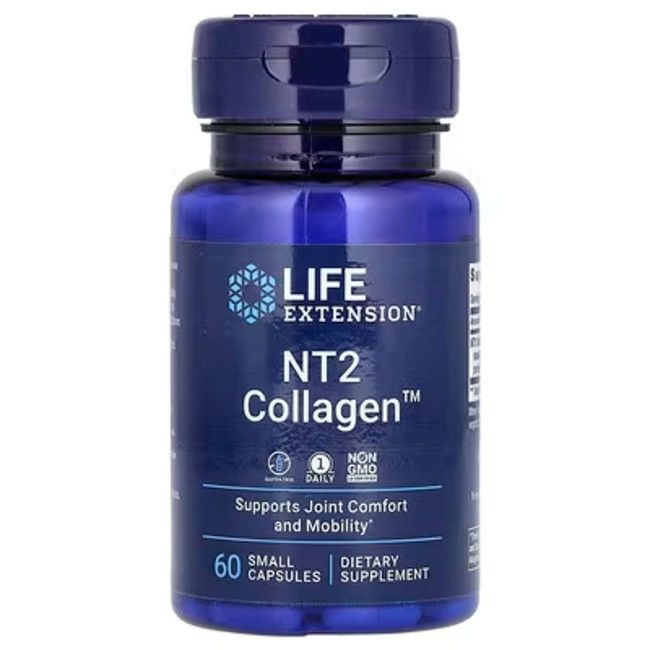 Blauer Behälter mit Life Extension NT2 Collagen Kapseln. Unterstützt Gelenkkomfort und Mobilität. 60 Kapseln.