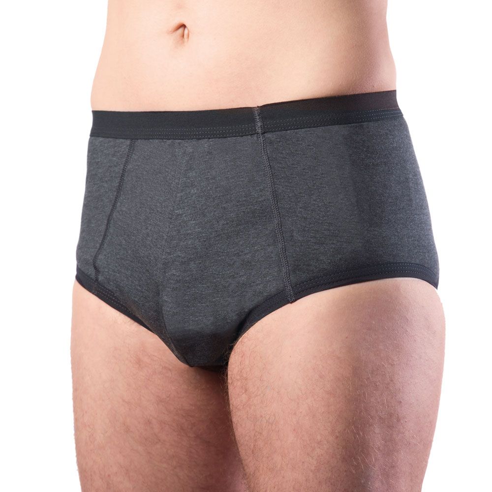 Grauer Herren Slip. Seitliche Ansicht. Elastischer Bund. Vorderseite mit verstärktem Einsatz.