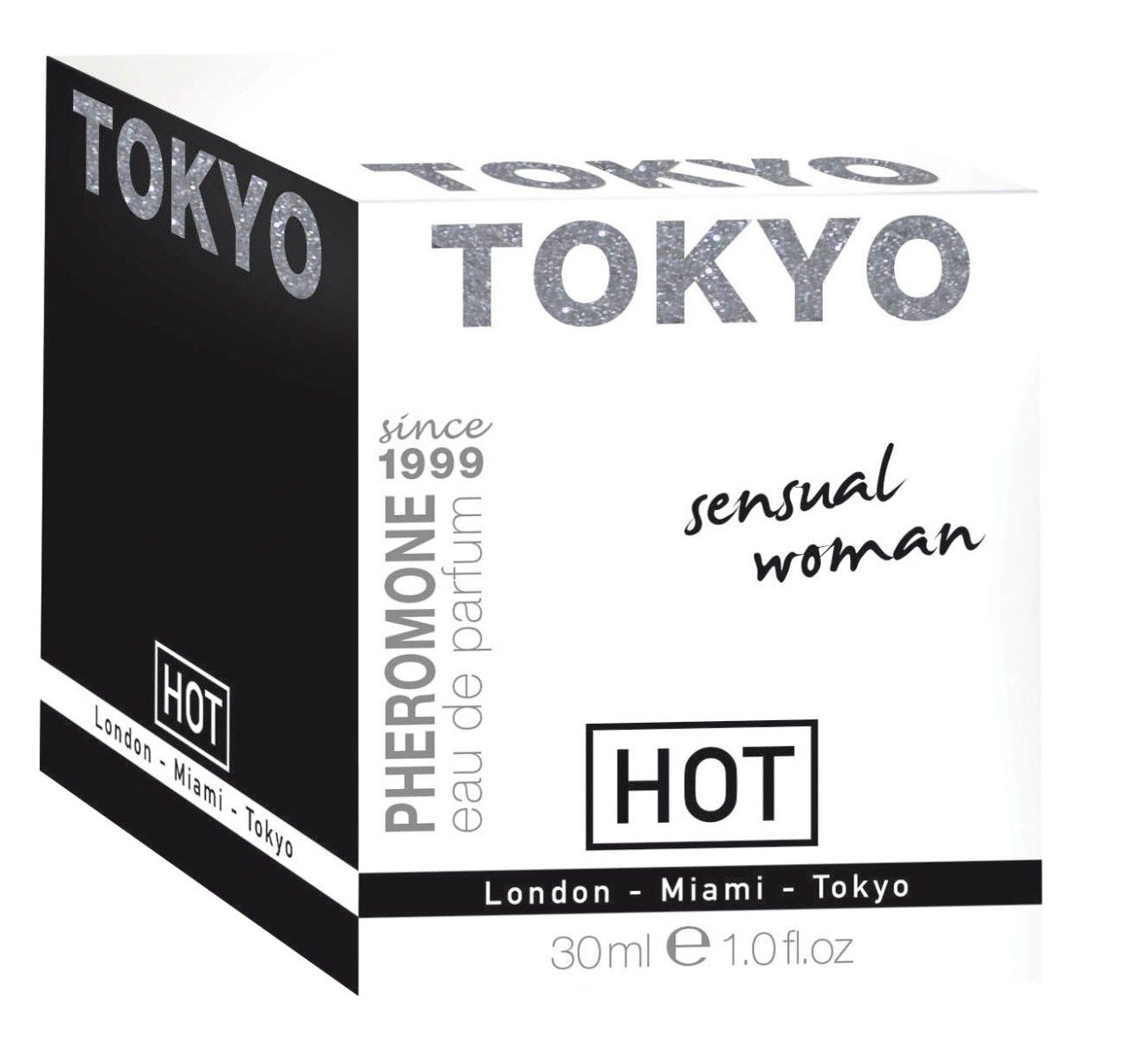 Verpackung, weiß mit schwarzer Seite. Schriftzug TOKYO und sensual woman. Text Pheromone eau de parfum. Schwarzer Schriftzug HOT.