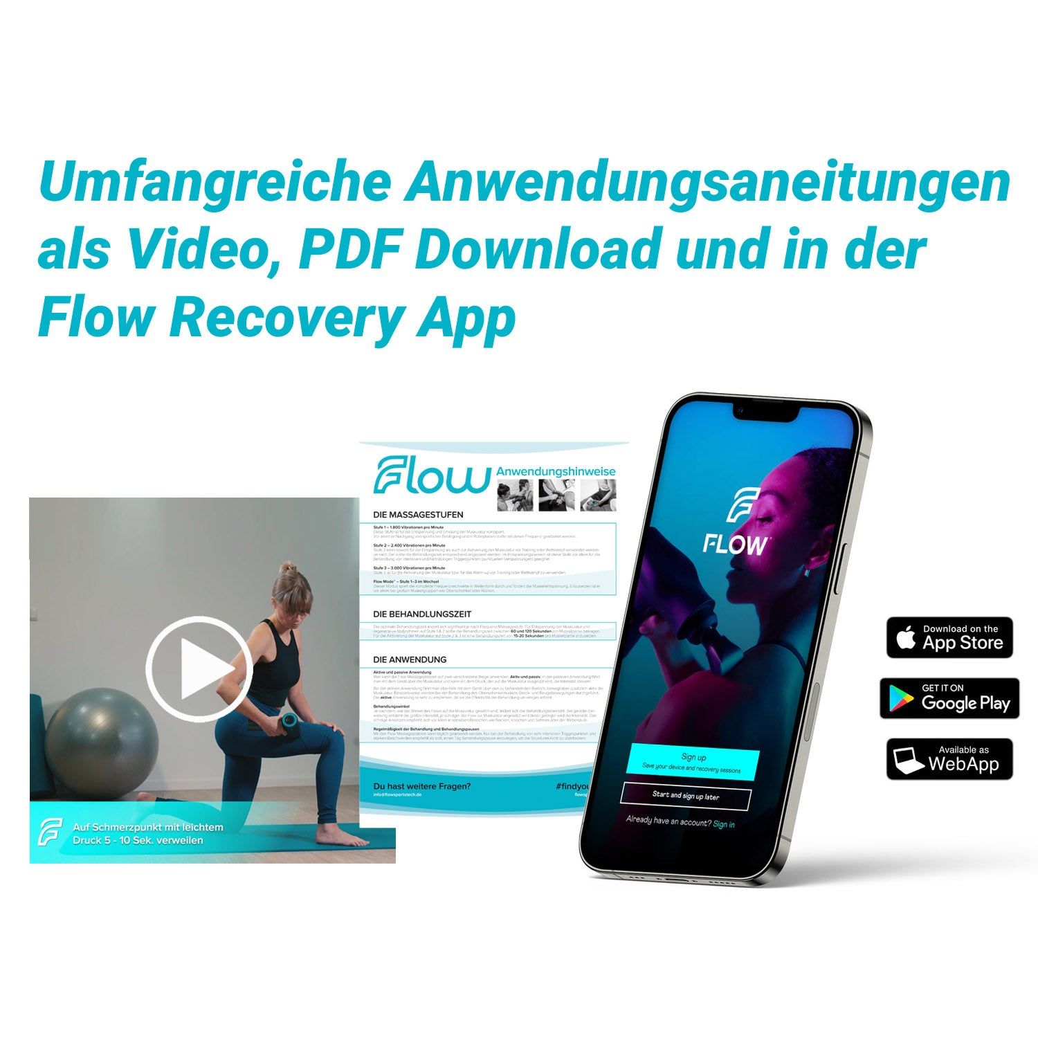 Smartphone mit App-Anleitung, PDF-Dokument und Video. Frau mit Massagepistole auf Matte. Blaue und graue Elemente.