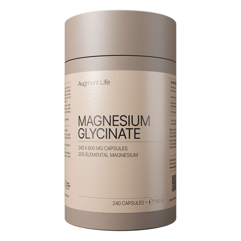 Cylindrischer Behälter mit Magnesiumglycinat-Kapseln. Enthält 240 Kapseln à 800 mg.