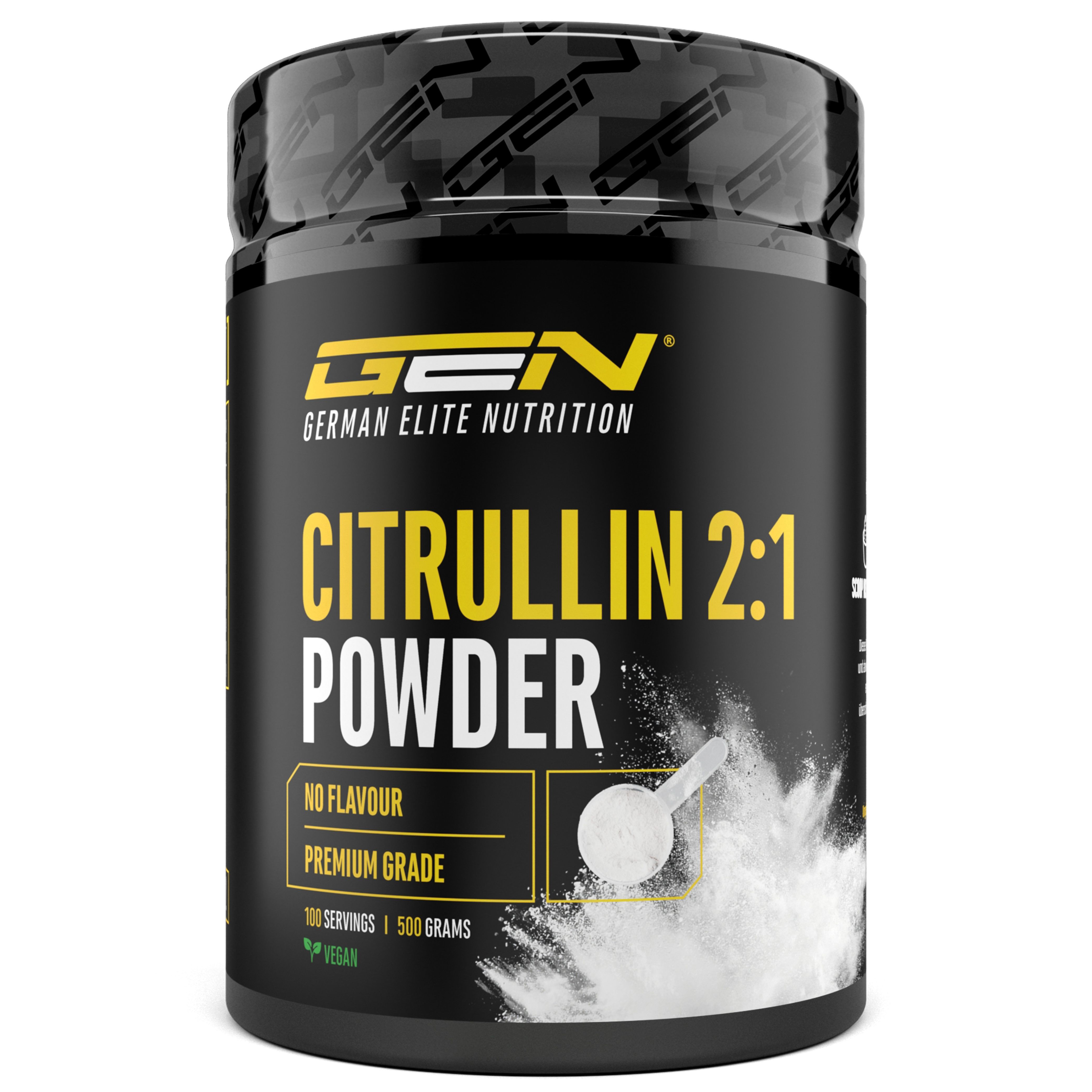 Schwarze Dose GEN Citrullin 2:1 Powder. Produktname und Logo deutlich sichtbar. Enthält 100 Portionen.