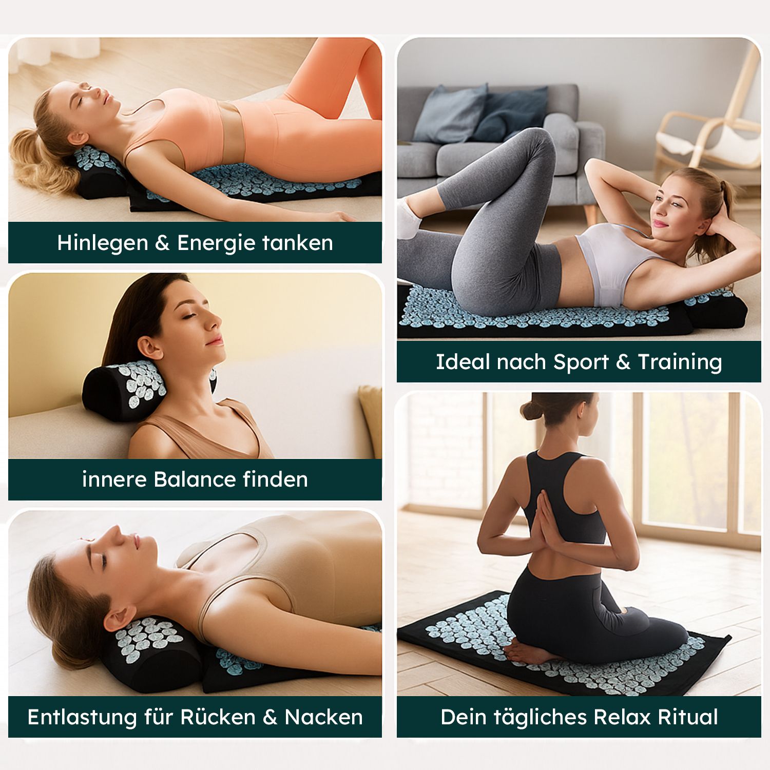 Kollage mit Bildern von Personen auf Akupressurmatten. Texte: Hinlegen & Energie tanken, Ideal nach Sport & Training, innere Balance finden, Entlastung für Rücken & Nacken, Dein tägliches Relax Ritual.