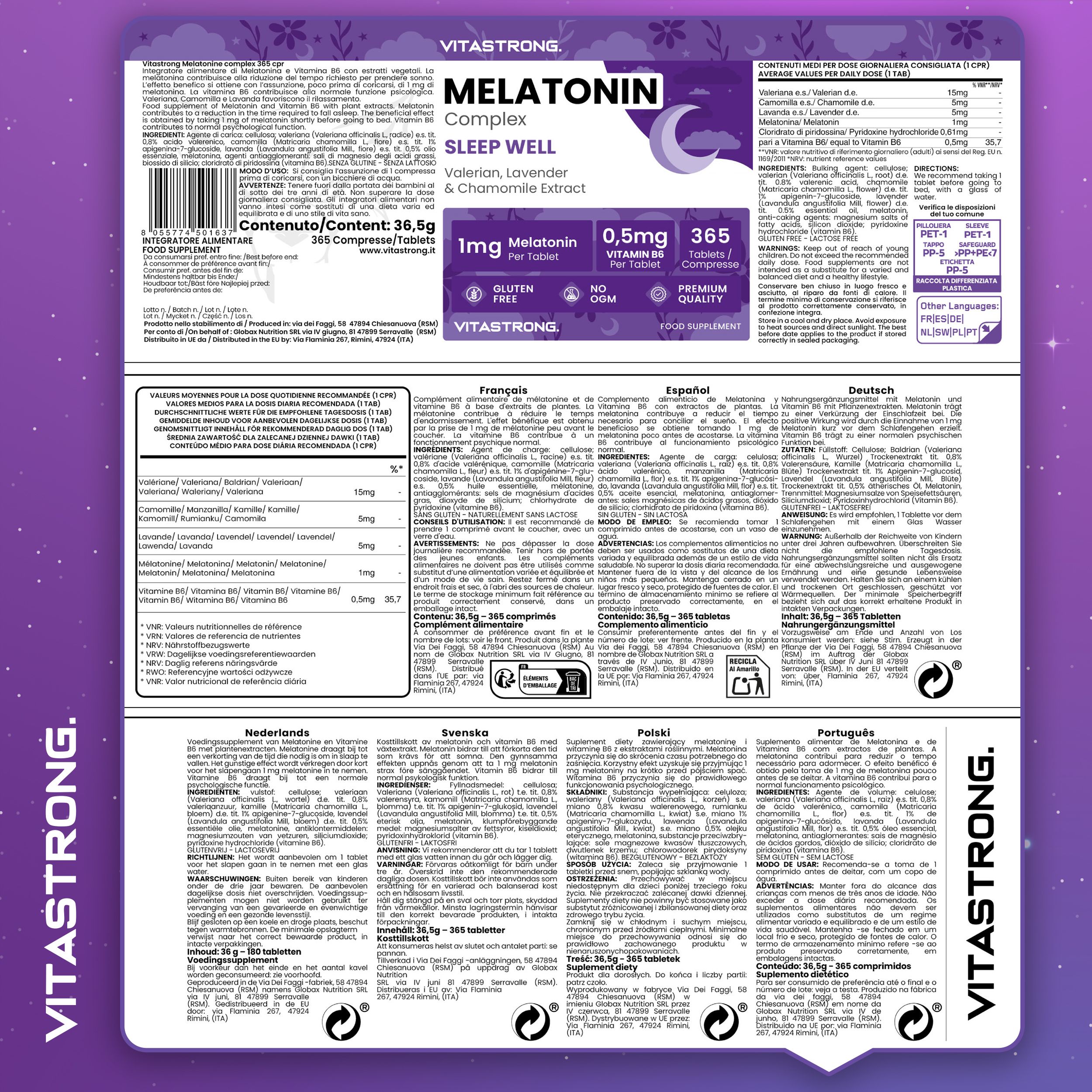 Vitastrong Melatonin Komplex. Verpackung mit Inhaltsangaben. 365 Tabletten. Glutenfrei, ohne GVO. Premium Qualität.