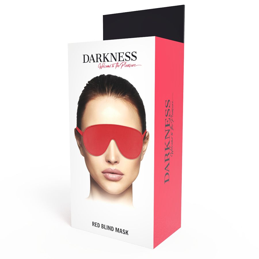 Verpackung mit roter Augenmaske. Logo und Gesicht einer Frau. Text: RED BLIND MASK.