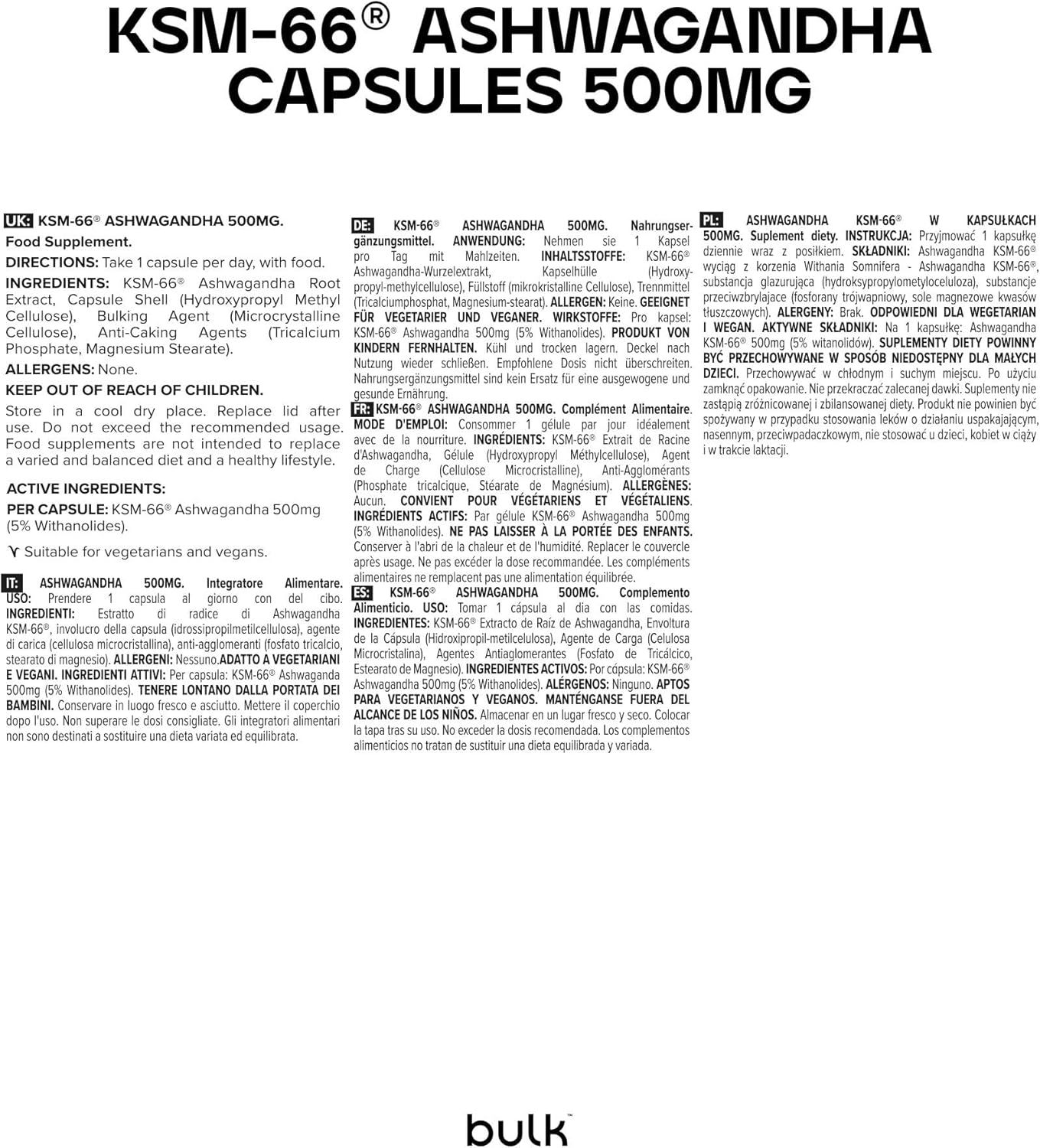Weißes Etikett mit Text. Enthält Informationen zu Ashwagandha KSM-66 Kapseln. Marke: bulk. Mehrsprachige Informationen.