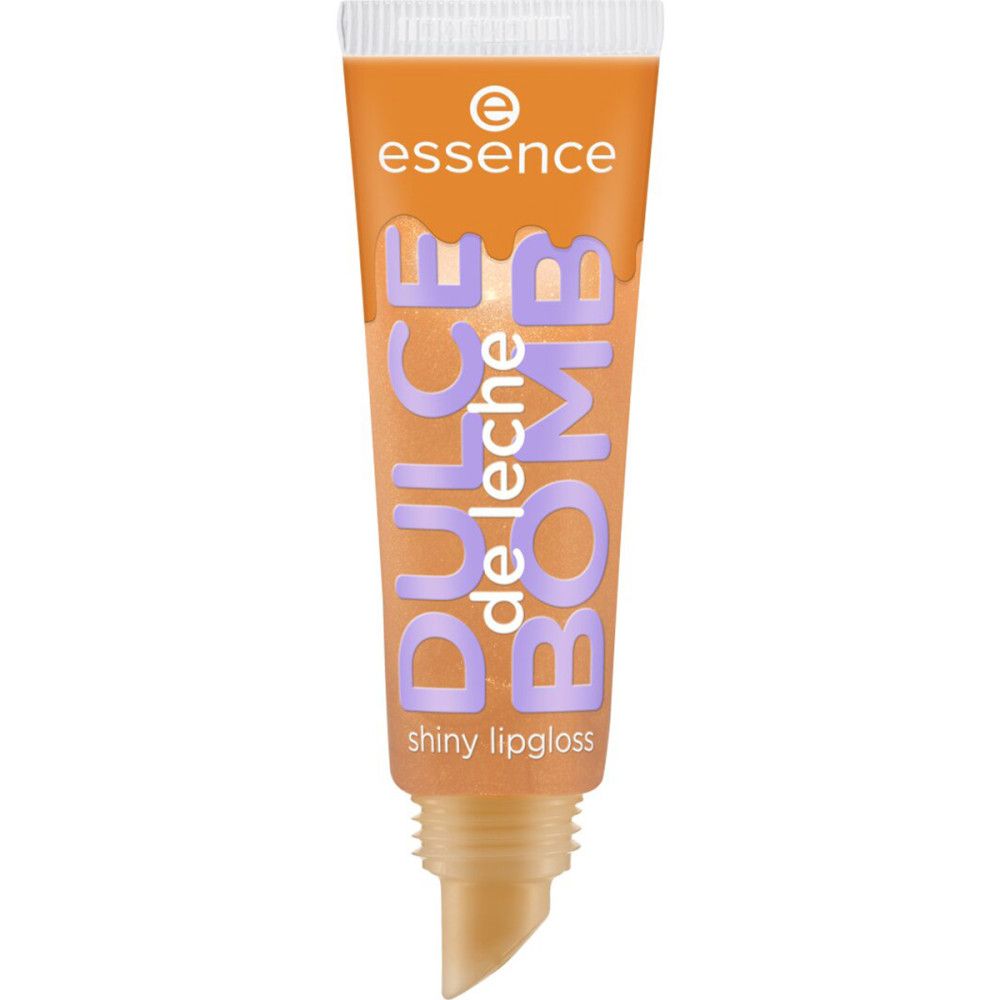 Lipgloss-Tube mit orangefarbenem Inhalt. Aufschrift: Dulce de Leche Bomb Shiny. Marke: Essence.