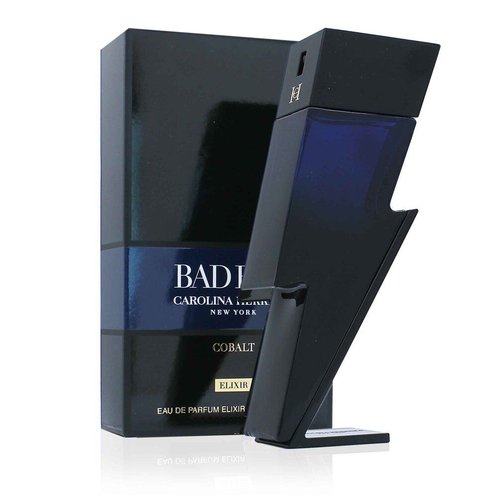 Schwarzer Flakon in Blitzform und Verpackung. Text: BAD BOY, CAROLINA HERRERA, COBALT, ELIXIR.
