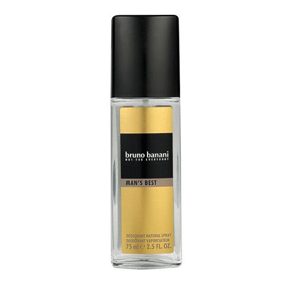 Deodorant-Spray von Bruno Banani, Man's Best. Transparente Flasche mit schwarzem Deckel. Goldfarbener Hintergrund mit Produktnamen und Logo.