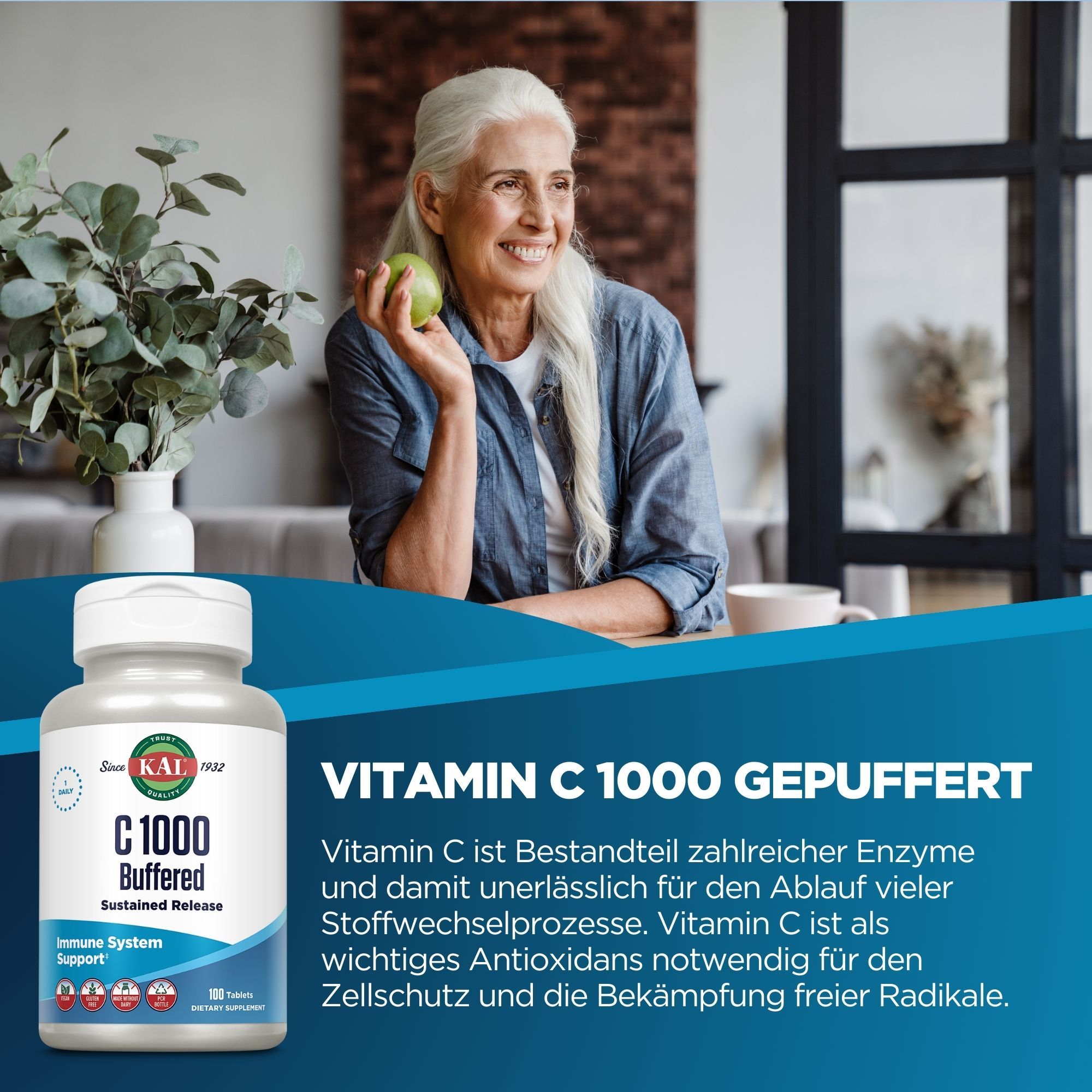 Eine Flasche KAL Vitamin C 1000 gepuffert. Eine ältere Frau hält einen Apfel. Text: Vitamin C 1000 gepuffert.