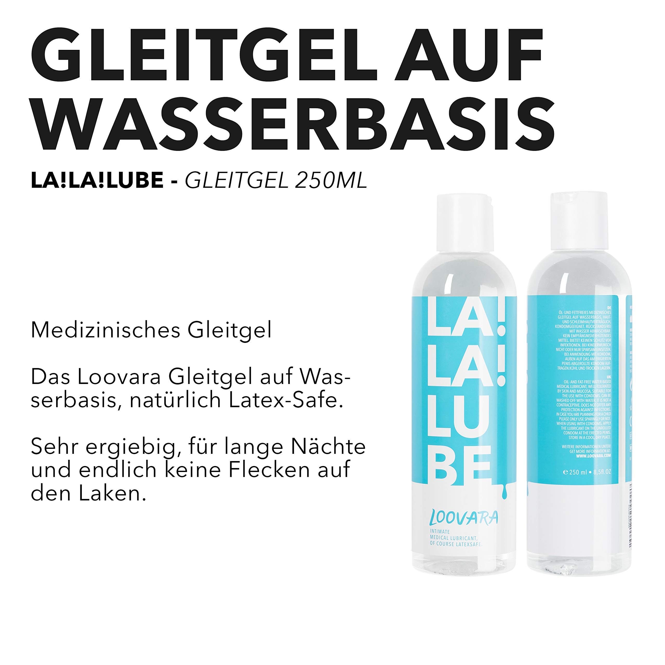 Zwei LOOVARA LALALUBE Gleitgel-Flaschen, eine mit Etikett, die andere mit Rückseitenetikett.